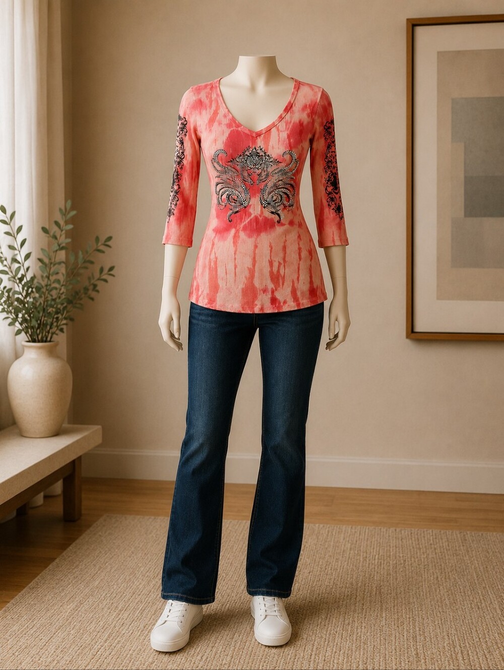 Lethal USA A New Kind Pink Tie Dye Rhinestone V-Neck Ribbed Top Women's M